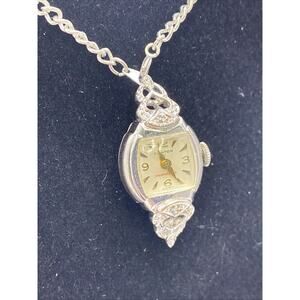 Clinton Womens Mechanical Wind Custom Gp Diamond Necklace Watch Works Running
